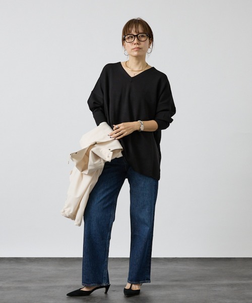 DESIGNWORKS（デザインワークス）の「ハーフミラノVネックプルオーバー（ニット/セーター・レディース・ブラック・フリー）」の10枚目の写真