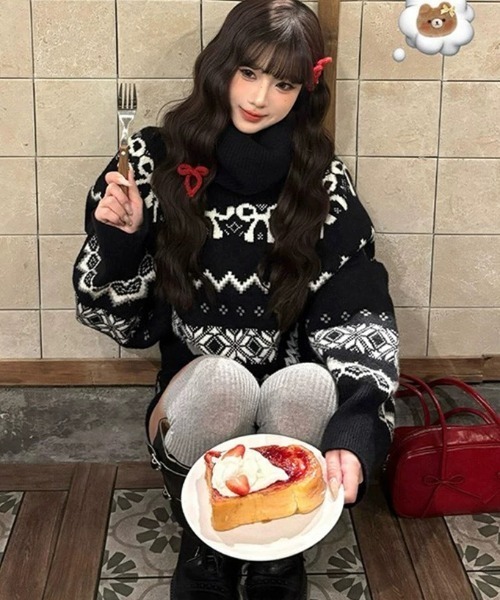 セール】【上下2点セット】ハイネックノルディック柄ニットプル