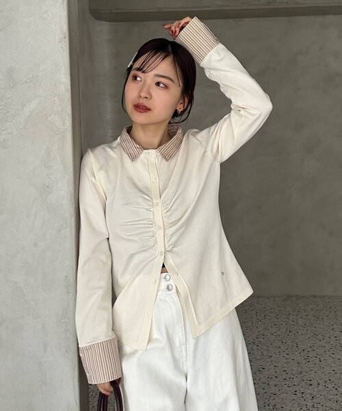 mystic(ミスティック)の「【@___s_m17企画】ストライプ付け襟配色ニット(Tシャツ/カットソー・レディース・アイボリー/ブラウン・FREE)」の2枚目の写真