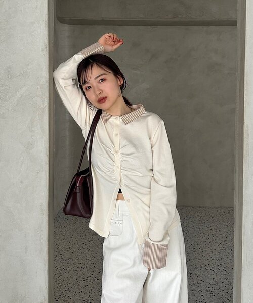 mystic(ミスティック)の「【@___s_m17企画】ストライプ付け襟配色ニット(Tシャツ/カットソー・レディース・アイボリー/ブラウン・FREE)」の4枚目の写真