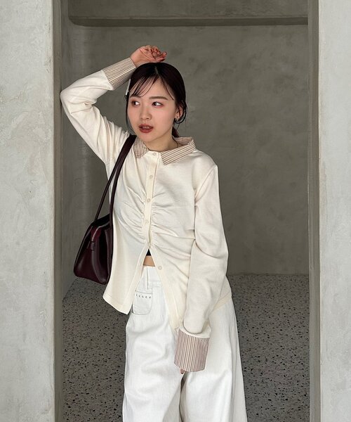 mystic(ミスティック)の「【@___s_m17企画】ストライプ付け襟配色ニット(Tシャツ/カットソー・レディース・アイボリー/ブラウン・FREE)」の8枚目の写真