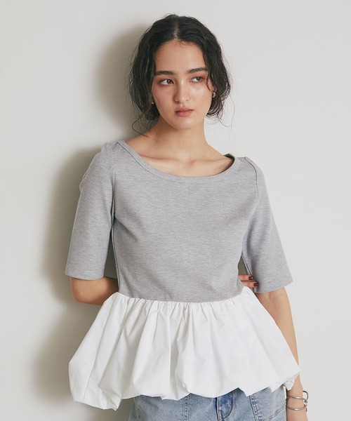 ARVELLIA(アルベリア)の「ASYMMETRIC BALLOON TOP(Tシャツ/カットソー・レディース・グレー/ブラック・M)」の2枚目の写真