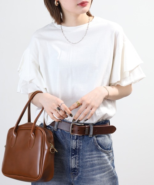 FUNALIVE（ファンアライブ）の「コットンフレア袖カットソー 半袖（Tシャツ/カットソー・レディース・ベージュ/オフホワイト/ブラック/ベージュ系1・M～Ｌ/LL～3L）」の5枚目の写真