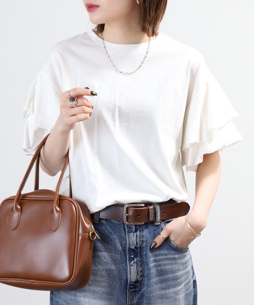 FUNALIVE（ファンアライブ）の「コットンフレア袖カットソー 半袖（Tシャツ/カットソー・レディース・ベージュ/オフホワイト/ブラック/ベージュ系1・M～Ｌ/LL～3L）」の6枚目の写真