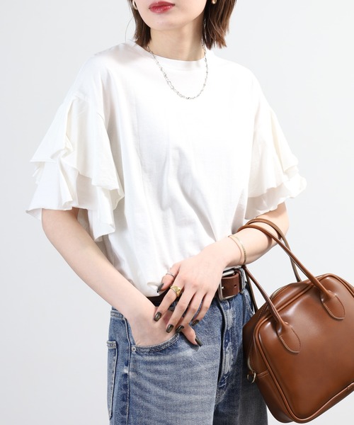 FUNALIVE（ファンアライブ）の「コットンフレア袖カットソー 半袖（Tシャツ/カットソー・レディース・ベージュ/オフホワイト/ブラック/ベージュ系1・M～Ｌ/LL～3L）」の7枚目の写真