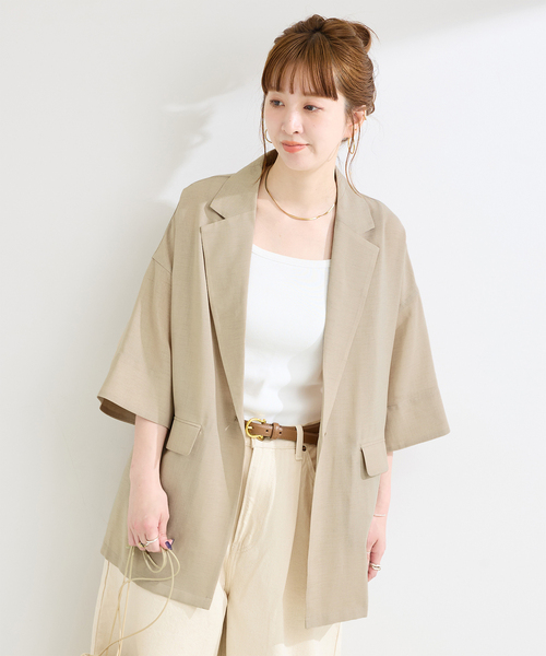 B.C STOCK（ベーセーストック）の「手洗い可 / ハーフスリーブジャケット（テーラードジャケット・レディース・ベージュ/ブラック・FREE）」の2枚目の写真