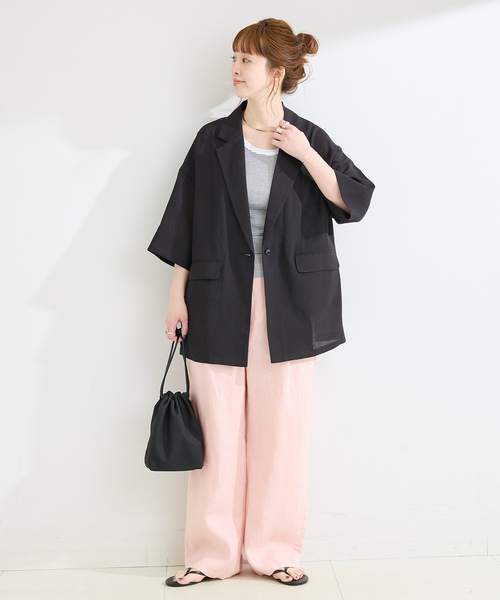 B.C STOCK（ベーセーストック）の「手洗い可 / ハーフスリーブジャケット（テーラードジャケット・レディース・ベージュ/ブラック・FREE）」の15枚目の写真