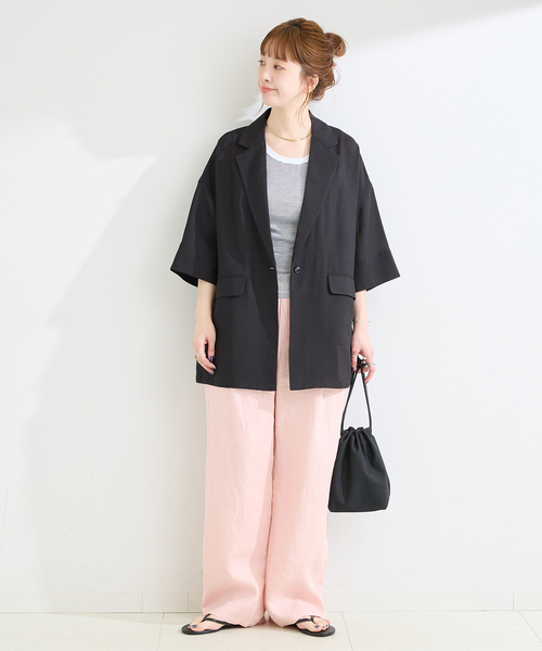 B.C STOCK（ベーセーストック）の「手洗い可 / ハーフスリーブジャケット（テーラードジャケット・レディース・ベージュ/ブラック・FREE）」の16枚目の写真