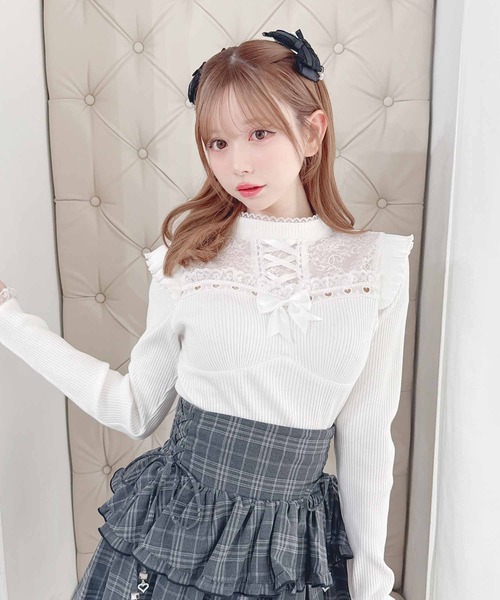 MA*RS(アメーバーマーズ)の「ハートレース×レースアップテレコトップス(Tシャツ/カットソー・レディース・ブラック×ホワイト/ピンク/ホワイト/ブラック・FREE)」の2枚目の写真