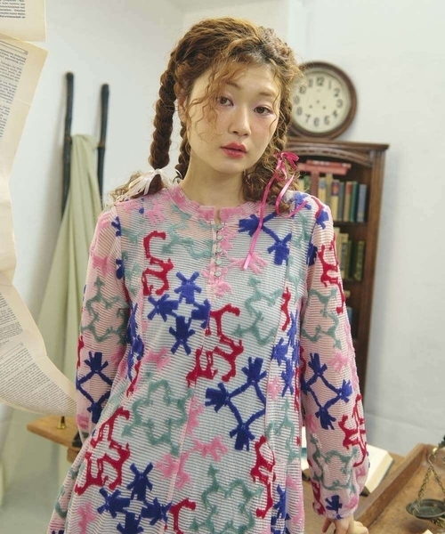 Jocomomola（ホコモモラ）の「Caballerias アニマルジャカードシアーワンピース（ワンピース・レディース・ダークインディゴブルー/ライトピンク・40）」の6枚目の写真