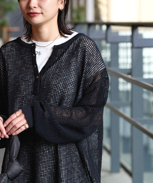 JOURNAL STANDARD(ジャーナルスタンダード)の「《追加》ヘンリーメッシュニット(ニット/セーター・レディース・ブラック/ライトグレー/アイボリー・FREE)」の1枚目の写真