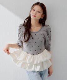 Chico（チコ）の「【SALON by Chico】5分袖ドットバルーンペプラムパワショルニット（ニット/セーター）」