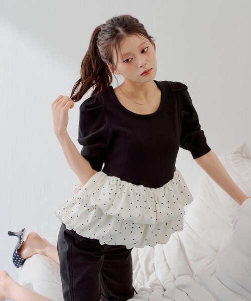 SALON by Chico】5分袖ドットバルーンペプラムパワショルニット