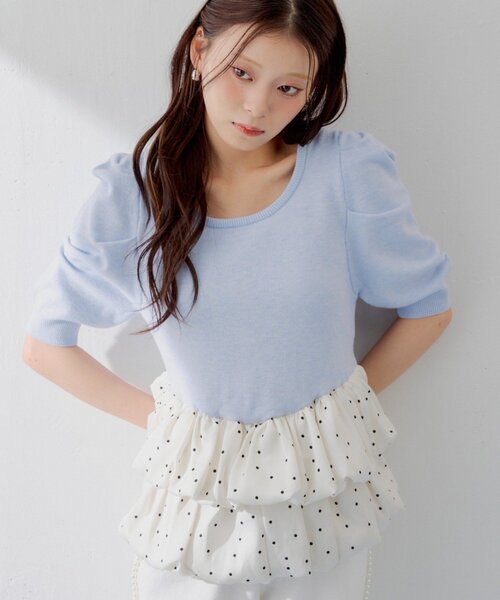 Chico(チコ)の「【SALON by Chico】5分袖ドットバルーンペプラムパワショルニット(ニット/セーター・レディース・ブルー系その他6/アイボリー/ブラック系その他3/グレー/グレー系その他3・FREE)」の5枚目の写真