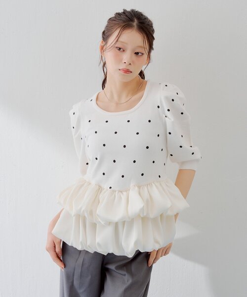 SALON by Chico】5分袖ドットバルーンペプラムパワショルニット