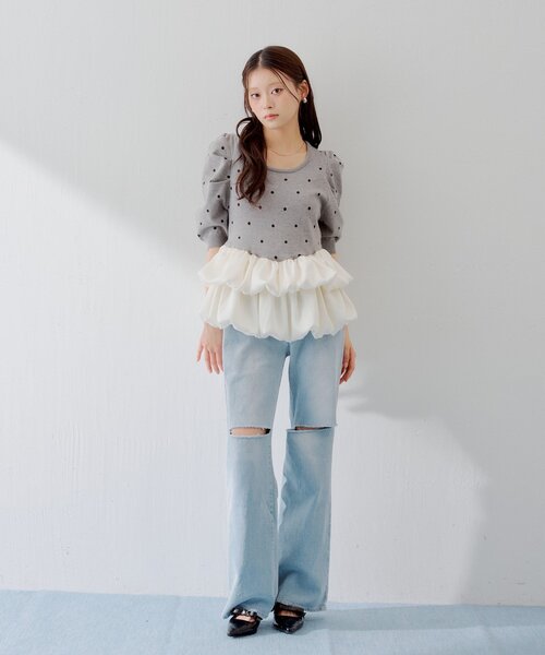 SALON by Chico】5分袖ドットバルーンペプラムパワショルニット