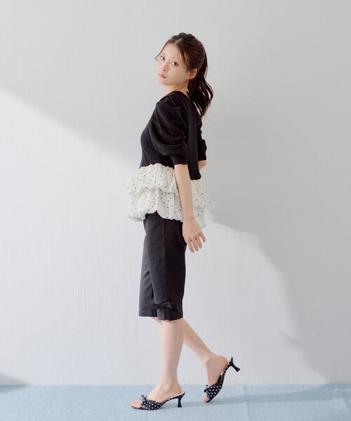 SALON by Chico】5分袖ドットバルーンペプラムパワショルニット