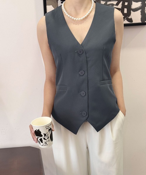 Miniministore(ミニミニストア)の「テーラードベスト ジレ 韓国風 アウター(ベスト・レディース・ライトグレー/アイボリー/ブラック/ダークグレー・FREE)」の11枚目の写真