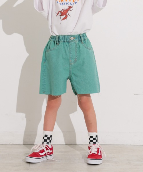 Ocean&Ground(オーシャン&グラウンド)の「カラーデニムワイドショーツ(デニムパンツ・キッズ・グリーン/ブラック・140/130/120/110/100)」の1枚目の写真