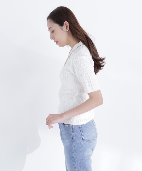 NATURAL BEAUTY BASIC(ナチュラルビューティーベーシック)の「ケーブルポロニット(ポロシャツ・レディース・ネイビー/オフホワイト/レッド・フリ-)」の10枚目の写真