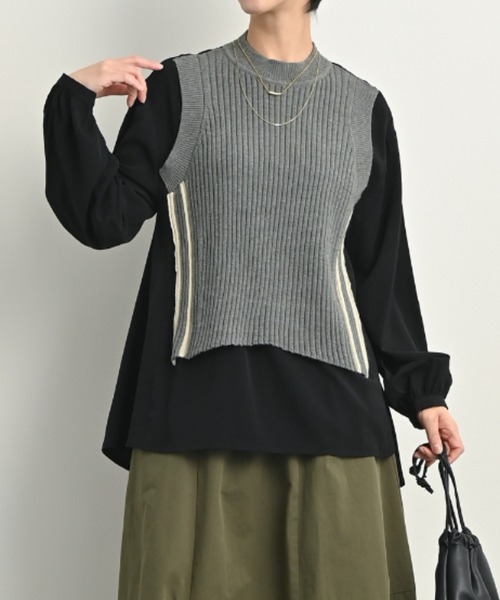 aunt lily(アントリリー)の「ニットドッキングレイヤード風チュニックブラウス(シャツ/ブラウス・レディース・カーキ/グレー・L/LL/M)」の1枚目の写真
