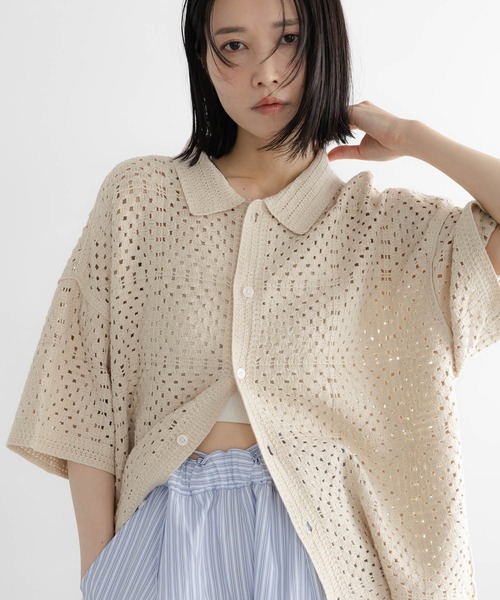 LOWRYS FARM(ローリーズファーム)の「【LFM(U)】クロシェアミニットシャツSS 859597(シャツ/ブラウス・メンズ・ブラウン/アイボリー/ホワイト系その他2・MEDIUM/LARGE)」の1枚目の写真