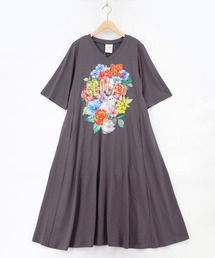 162670：レースリボン×花ネコプリント 花柄スリット切替ワンピース