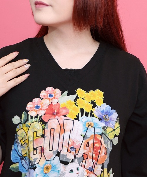 ScoLar(スカラー)の「162611:花ネコプリント 接触冷感ワンピース(ワンピース・レディース・チャコールグレー/ブラック/イエロー・M)」の7枚目の写真