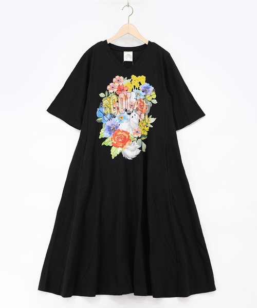 ScoLar(スカラー)の「162611:花ネコプリント 接触冷感ワンピース(ワンピース・レディース・チャコールグレー/ブラック/イエロー・M)」の11枚目の写真
