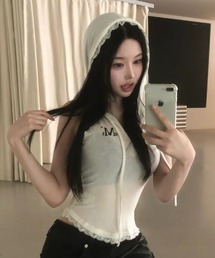 【日本未発売/WEB限定】MUCENT(ムセント)/アセン レース スリムフィット フード スリーブレス タンクトップ/ASEN LACE SLIM HOOD SLEEVELESS