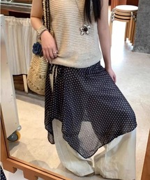 ドット柄 アシンメトリー ハンカチーフヘム サイドリボン 巻きスカート風 ラップミニスカート