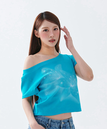 [ESCF x ハットゥデイ] ハーフトーンリリーボートネックスリムフィット半袖Tシャツティルブルー
