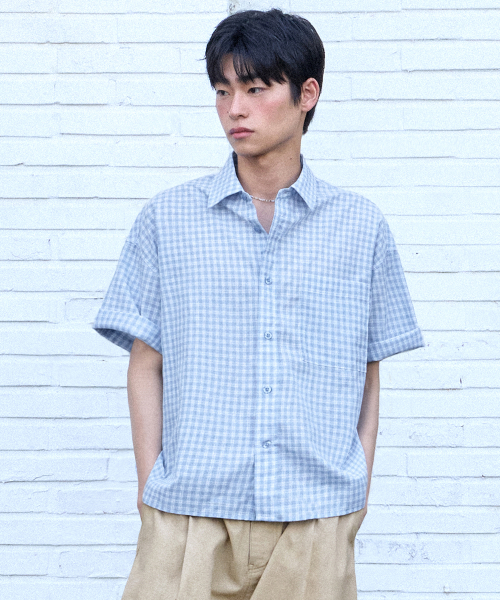 F.ILLUMINATE(フィルミネイト)の「セミクロップチェックハーフシャツ-スカイブルー(シャツ/ブラウス・メンズ・その他・SMALL/MEDIUM/LARGE)」の1枚目の写真