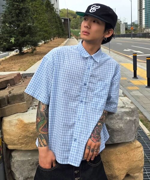 F.ILLUMINATE(フィルミネイト)の「セミクロップチェックハーフシャツ-スカイブルー(シャツ/ブラウス・メンズ・その他・SMALL/MEDIUM/LARGE)」の6枚目の写真