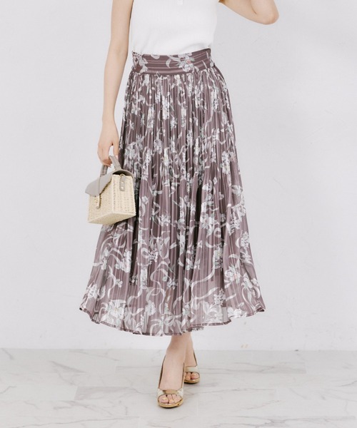 tocco closet（トッコ　クローゼット）の「ラメドビーストライプ×リボンフラワープリントプリーツスカート（スカート・レディース・オフホワイト/ブラウン/ブラック・M）」の3枚目の写真