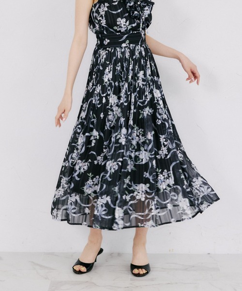 tocco closet（トッコ　クローゼット）の「ラメドビーストライプ×リボンフラワープリントプリーツスカート（スカート・レディース・オフホワイト/ブラウン/ブラック・M）」の2枚目の写真