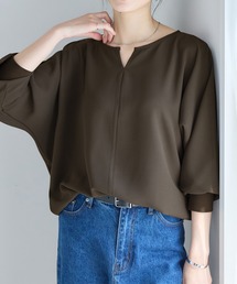 【お手入れらくちん】袖リブ付キーネックドルマンブラウス