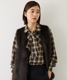 【J'aDoRe・一部店舗限定サイズ】ボウタイ付きシアーチェックシャツブラウス(取り外し可能 )/イージーケア