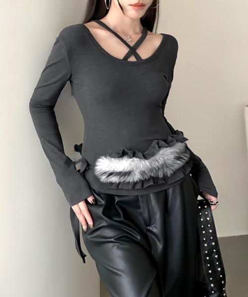 Riff（リフ）の「2点セット ネッククロスロンT&ファーベルト（Tシャツ/カットソー・レディース・モカ/ブラック/グレー・FREE）」の14枚目の写真