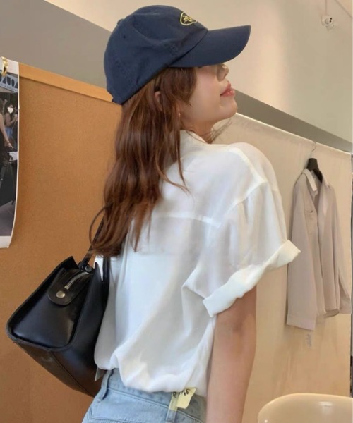 MAISON DE THERESE(メゾン ド テレーズ)の「韓国風レース切り替え V ネックルーズ半袖シャツ(シャツ/ブラウス・レディース・White/Navy・M)」の9枚目の写真