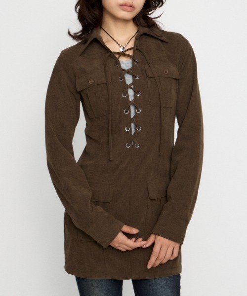 LAGUA GEM(ラグアジェム)の「LACE UP CORDUROY ミニワンピース(ワンピース・レディース・ブラック/ブラウン・SMALL/MEDIUM)」の1枚目の写真