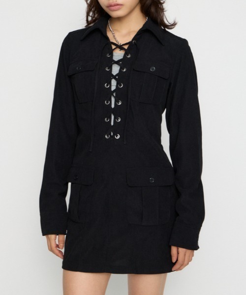 LAGUA GEM(ラグアジェム)の「LACE UP CORDUROY ミニワンピース(ワンピース・レディース・ブラック/ブラウン・SMALL/MEDIUM)」の2枚目の写真