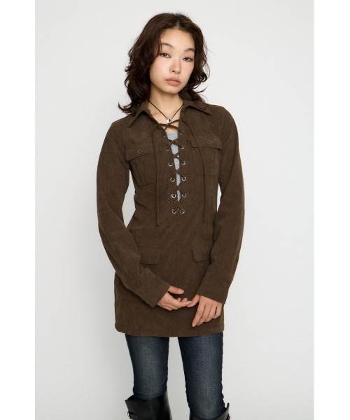 LAGUA GEM(ラグアジェム)の「LACE UP CORDUROY ミニワンピース(ワンピース・レディース・ブラック/ブラウン・SMALL/MEDIUM)」の6枚目の写真