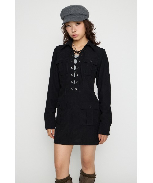 LAGUA GEM(ラグアジェム)の「LACE UP CORDUROY ミニワンピース(ワンピース・レディース・ブラック/ブラウン・SMALL/MEDIUM)」の4枚目の写真