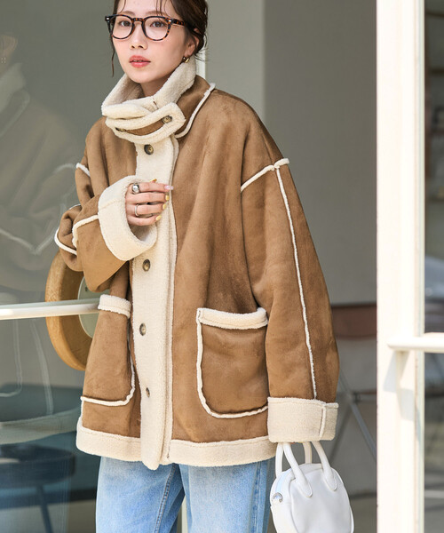 FREAK'S STORE(フリークスストア)の「限定展開 ムートン スタンドカラー コート(ムートンコート・レディース・ブラック/ベージュ/キャメル/チャコール・フリ-)」の1枚目の写真