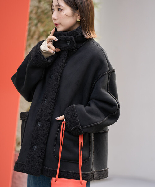 FREAK'S STORE(フリークスストア)の「限定展開 ムートン スタンドカラー コート(ムートンコート・レディース・ブラック/ベージュ/キャメル/チャコール・フリ-)」の2枚目の写真