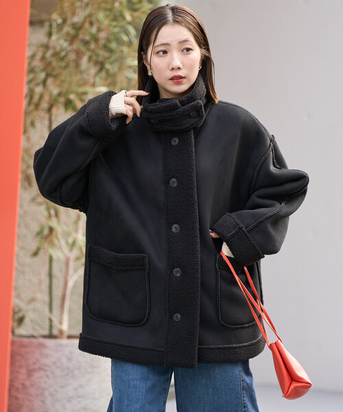 FREAK'S STORE(フリークスストア)の「限定展開 ムートン スタンドカラー コート(ムートンコート・レディース・ブラック/ベージュ/キャメル/チャコール・フリ-)」の13枚目の写真