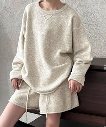 SEU（エスイーユー）の「【セットアップ】ブークレニットショートパンツ／クルーネックプルオーバー 長袖 【オフィスカジュアル】【きれいめカジュアル】 レディース韓国風（セットアップ）」