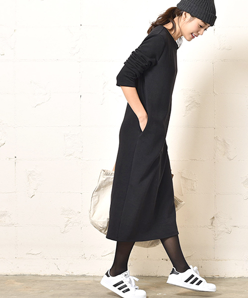 coca（coca）（コカ）の「裏起毛Iラインロングワンピース（ワンピース・レディース・ブラック/チャコール・ONE SIZE）」の3枚目の写真