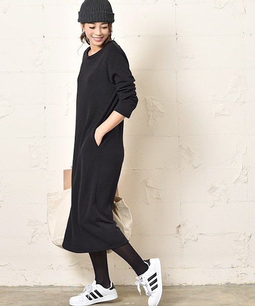 coca（coca）（コカ）の「裏起毛Iラインロングワンピース（ワンピース・レディース・ブラック/チャコール・ONE SIZE）」の4枚目の写真